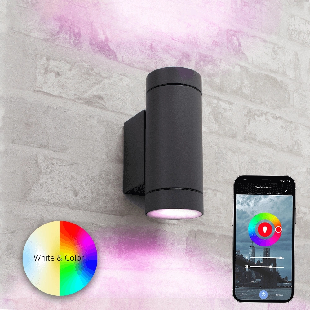 Antraciete up down wandlamp voor buiten met zigbee gu10 spots rond