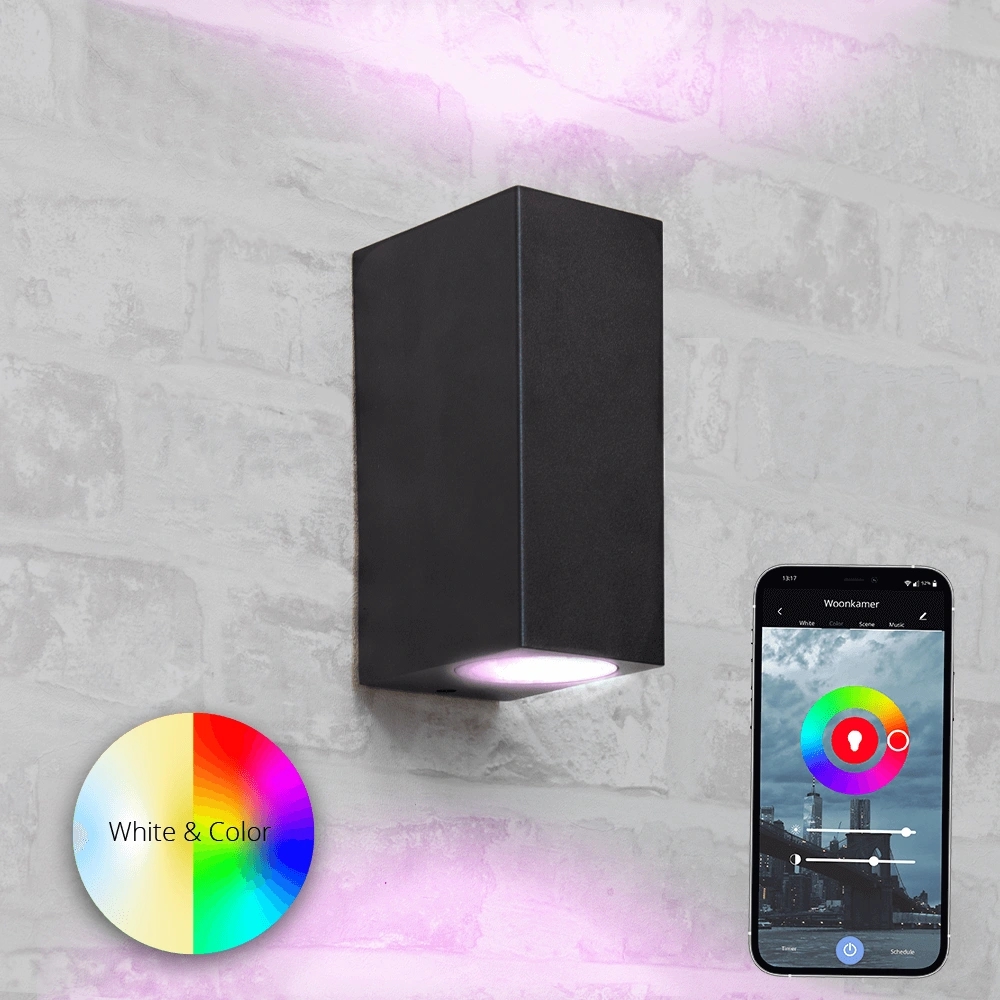 Zwarte up down wandlamp voor buiten met zigbee gu10 spot recht