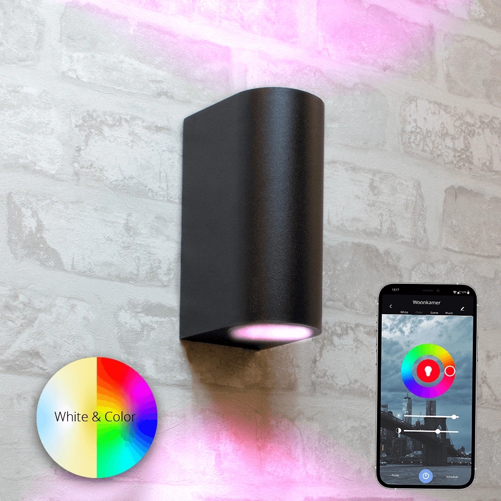 Zwarte up down wandlamp voor buiten met zigbee gu10 spots rond