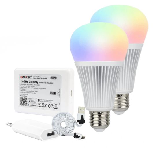 Milight starterspakket 1: 2x E27 RGBW Wifi lamp met Wifi module Ibox2