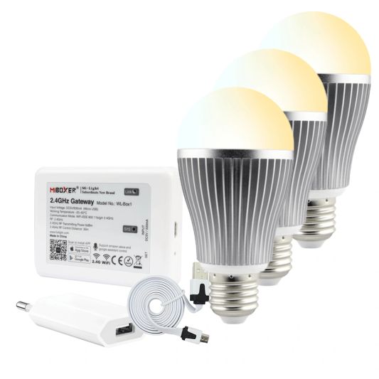 Milight starterspakket 6: 3x E27 Dual White Wifi lamp met Wifi module Ibox2